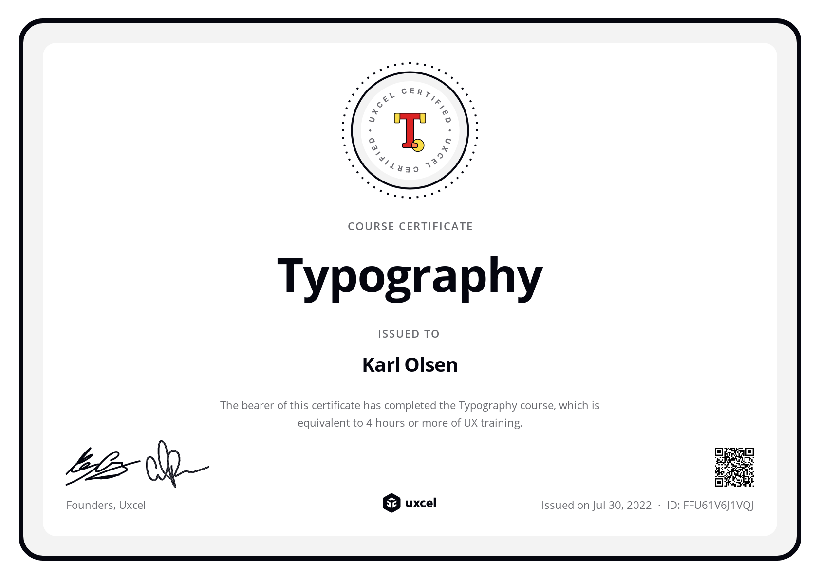 Karl Olsen's certificate